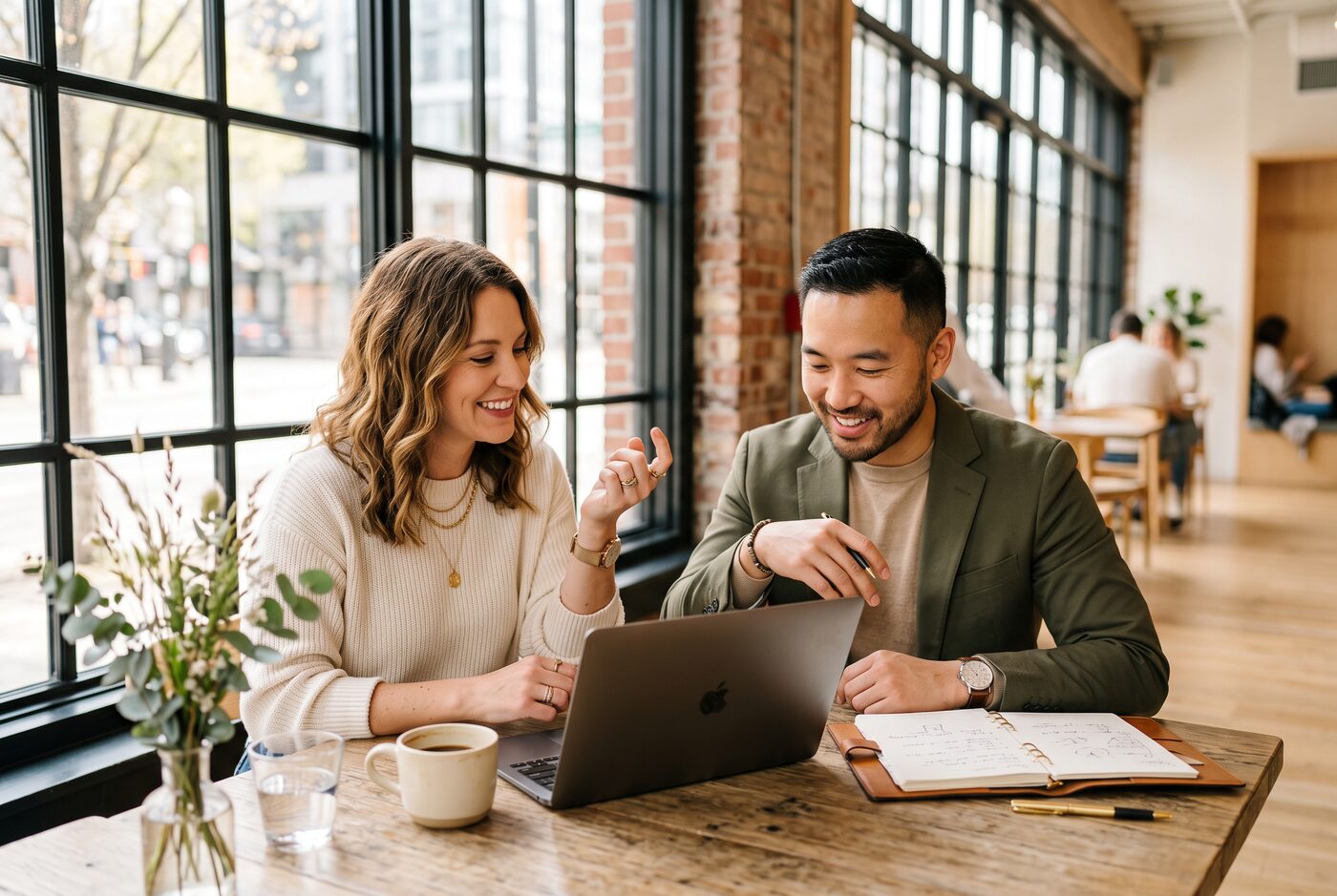 Two professionals collaborating warmly over notebooks and a laptop near a sunlit window