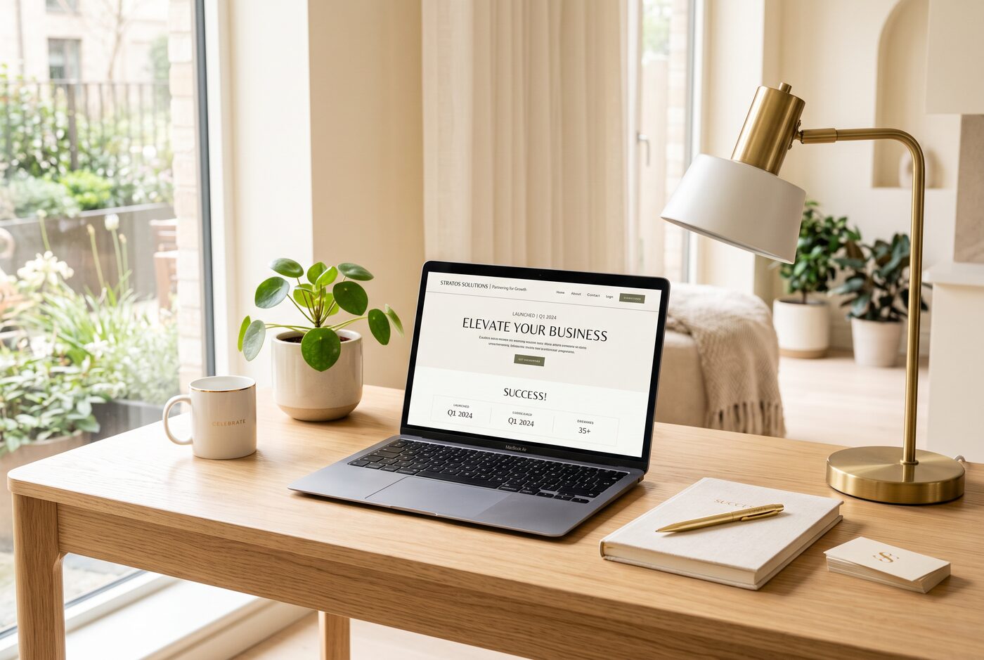 A bright, modern workspace with a laptop showing a finished website on launch day